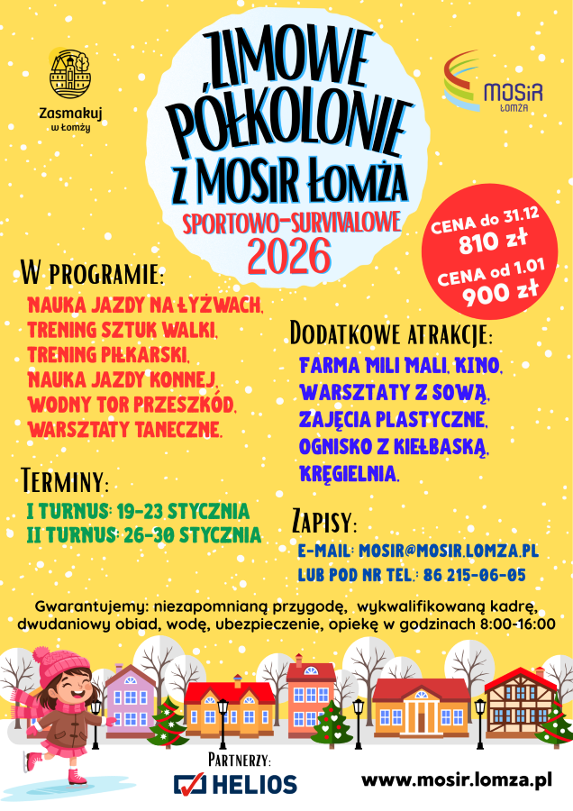 Plakat zachęcający do udziału w półkoloniach mosir, grafika domki, śnieg, dziecko